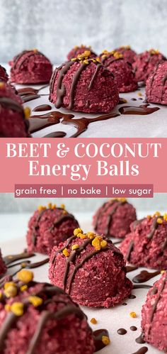 beet powder energy balls with chocolate drizzle and sprinkles on top