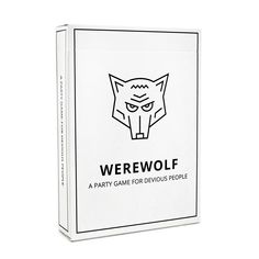 a white box with a black and white image of a wolf on it's face