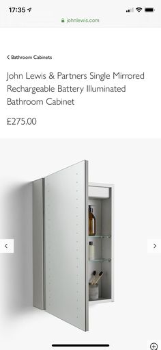 the bathroom cabinet is open to show what's inside it and how many items are stored