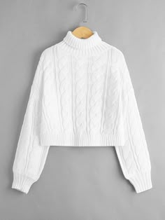 White Casual  Long Sleeve Acrylic Plain Pullovers Embellished Slight Stretch Fall/Winter Girls Clothing White Knitted Jumper, Withe Sweater, Aesthetic Winter Sweaters, Sweater For Girls Winter, Short White Sweater, White Winter Sweater, White Knitted Sweater, Girls Turtleneck, Woolen Tops