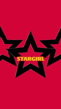 the stargirl logo on a red background with black and yellow stars in the center