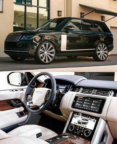 the interior and dashboard of a black range rover parked in front of a white building