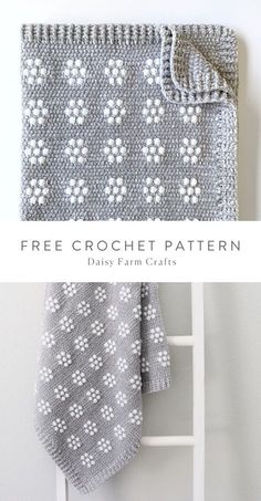 a crocheted blanket hanging on the wall next to a ladder with text overlay that reads free crochet pattern daisy farm crafts