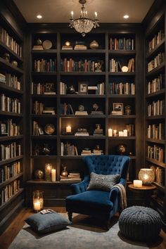 Dark Reading Room Aesthetic, Dark Wall Bookshelves, Speakeasy Library Room Ideas, Sitting Room Ideas With Bookshelves, Lounge Library Ideas, Goth Bookcase, Dark Academia Reading Chair, Reading Nook Adults, Black Bookshelves Aesthetic