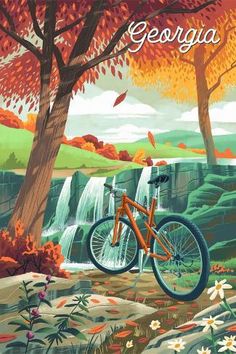 a bicycle is parked in front of a waterfall