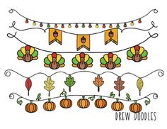 a drawing of a thanksgiving garland with pumpkins and leaves