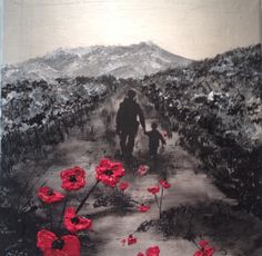 a man and child walking down a path with red flowers on the ground in front of them