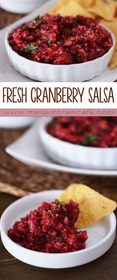 fresh cranberry salsa with tortilla chips on the side in white bowls