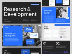 the powerpoint presentation for research and development is shown in blue, black and white