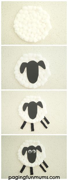 three pictures of sheep made out of yarn and paper machs, one is black and the other is white