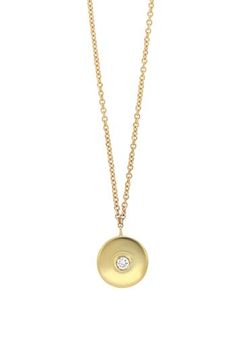 A dainty round diamond brings just-right sparkle to a mini disc pendant necklace crafted from polished 18-karat gold. 16" length; 2" extender;; 1/4" diameter pendant Total diamond weight: 0.03ct. Color: G Clarity: VS 18k gold/diamond Imported >Diamond Guide Yellow Gold Diamond Necklace With Round Disc, Bony Levy, Diamond Guide, Gold Diamond Necklace, Necklace Craft, Disc Pendant, Round Diamond, Womens Jewelry Necklace, Round Diamonds