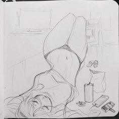 a pencil drawing of a person laying on the ground next to a bottle and other items