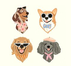 four dogs wearing sunglasses and bandannas on their heads, each with a dog's head in the middle