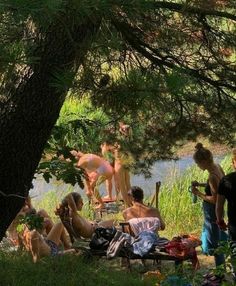 some people are sitting on the grass near water and trees with their backs to each other