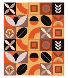 an orange, black and white pattern with leaves on it's sides is featured in this image