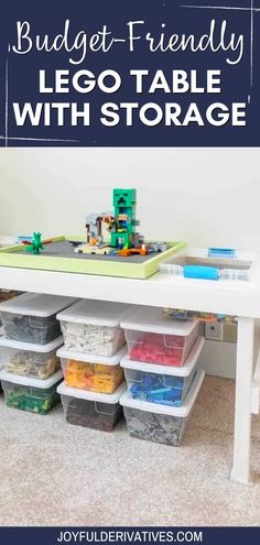 a white table with legos on it and the words budget - friendly lego table with storage