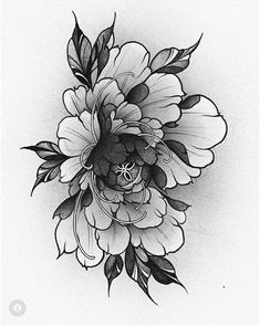 a black and white drawing of a flower with leaves on it's petals is shown