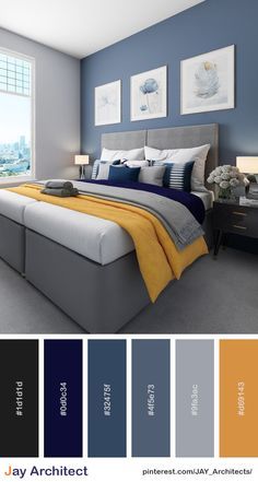 a bedroom with blue and yellow colors in the walls, carpeting and bedding