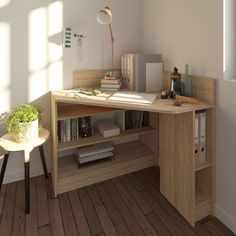 a wooden desk with books and magazines on it