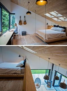 two pictures of a bedroom with wooden floors and ceiling lights, one is made from wood