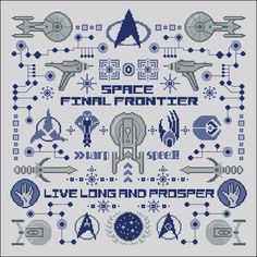 a cross stitch pattern with the words space frontier written in different font and symbols on it