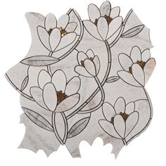 an artistic tile design with white flowers and leaves on the bottom, against a white background