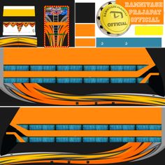 an orange and yellow train is shown in this graphic art workbook, with the words ranta rail official on it