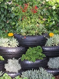 several tires stacked on top of each other with plants growing out of them