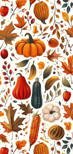 an autumn pattern with pumpkins, leaves and acorns