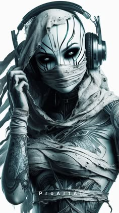 a woman with headphones and tattoos on her face