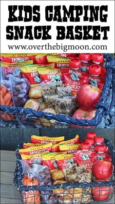 two baskets filled with food sitting on top of a wooden floor next to each other