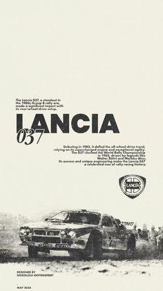 an advertisement for the lancia rally car