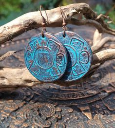 Copper patina Aztec Earrings, Aztec sun god Earrings, sun god earrings, Aztec replica jewelry, Aztec calendar, Mayan Earrings by SteampunkTexas on Etsy Mayan Earrings, Aztec Sun God, Mayan Jewelry, Egyptian Earrings, Aztec Sun, Aztec Earrings, Ancient Aztecs, Aztec Culture, Ancient Civilization