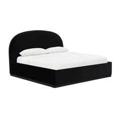 a black bed with white sheets and pillows on it's headboard, in front of a white background