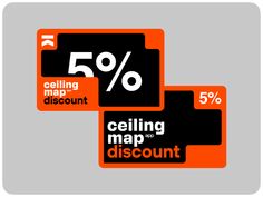 an orange and black sticker with the words ceiling map discount 50 % off on it