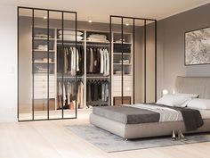 a bedroom with a bed and closets in it