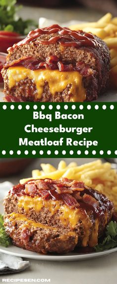 two cheeseburger meatloaf burgers on a plate with fries