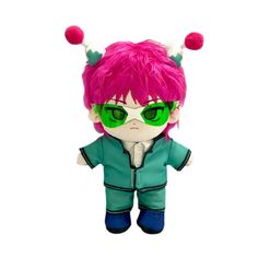 a stuffed animal with pink hair and green eyes