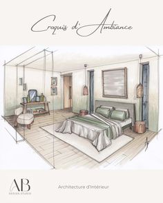 a drawing of a bedroom with furniture in it