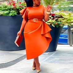 Asymmetrical Midi Dress, Dress Women Elegant, Ruffles Fashion, Dress Sleeve Styles, Formal Dresses For Women, Orange Fashion, Mid Dresses, Fashion Pattern, African Fashion Dresses