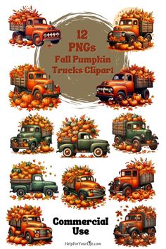 Beautiful vibrant fall colored trucks, overflowing with pumpkins and leaves. These are transparent PNGs for personal and commercial use.