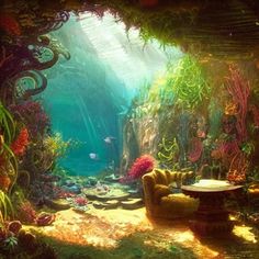 an underwater scene with couches and plants