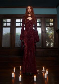 Widow Goth Velvet Flocked Maxi Dress And Shrug Set - Dark Red Six Of Crows Inspired Outfits, Dark Red Gown, Red Gothic Dress, Romantic Goth Outfits, Goth Wedding Dresses, Gothic Gowns, Elegant Goth, Vampire Dress, Dark Red Dresses