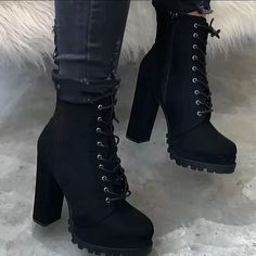 Suede Black Booties. Super Comfortable To Walk In Black Stacked Heel Ankle Boots, Boot Shoes Heels, Shoe Heels Boots, Black Heel Lace Up Boots, Luxury High Ankle Lace-up Boots With Reinforced Heel, Black Prom Shoes Boots, High Heels. Boots, Luxury Ankle-high Lace-up Boots With Reinforced Heel