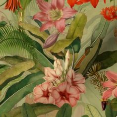 a floral wallpaper with pink flowers and green leaves