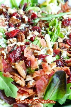 a salad with bacon, lettuce and cranberries in it on a white plate