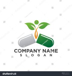 pharmacy logo design with green leaves and capsules on white background stock photo - image