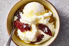 a bowl filled with ice cream and jelly