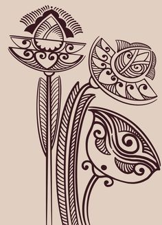 an artistic drawing of two flowers with swirls and leaves on the stems, in black ink