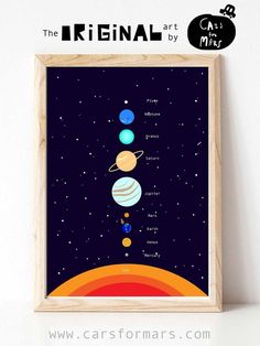 the solar system is shown in a wooden frame on top of a white wall with text that reads, the original art by cars for mars